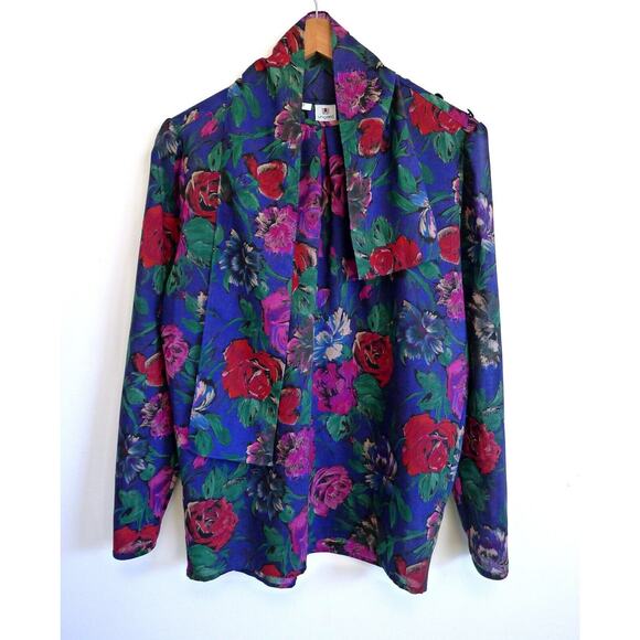 EMANUEL UNGARO TER Vintage 80s Wool Floral Tie Neck Secretary Blouse Top 6 - Picture 2 of 11